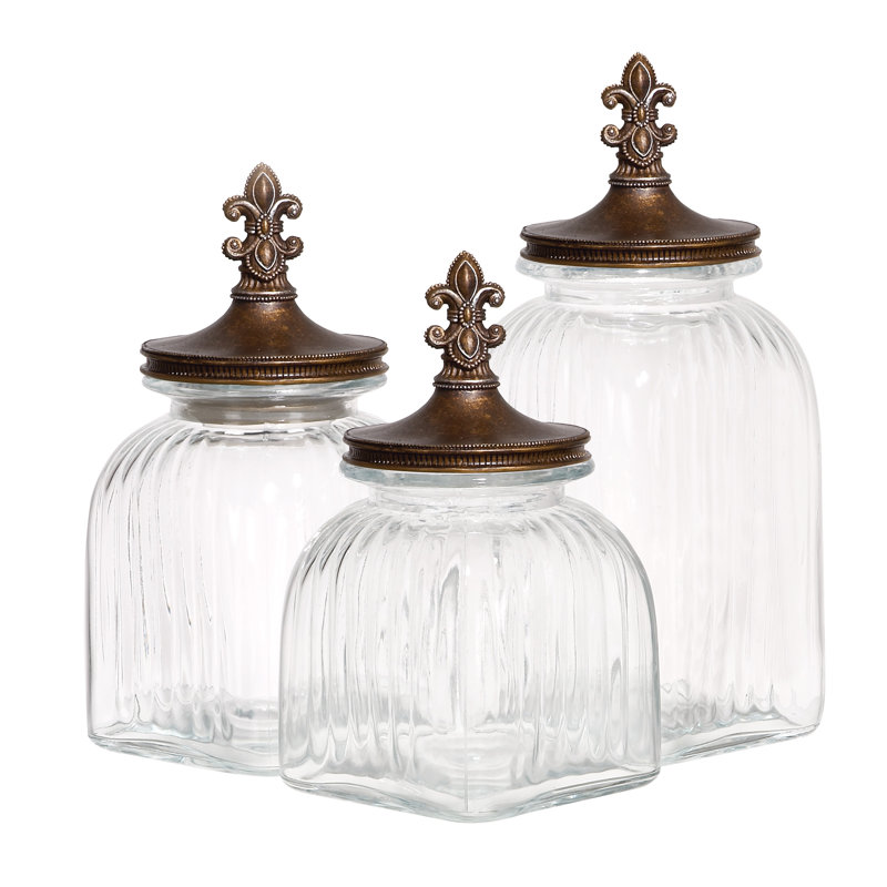 ABCHomeCollection Fleur de Lis Glass 3 Piece Kitchen Canister Set